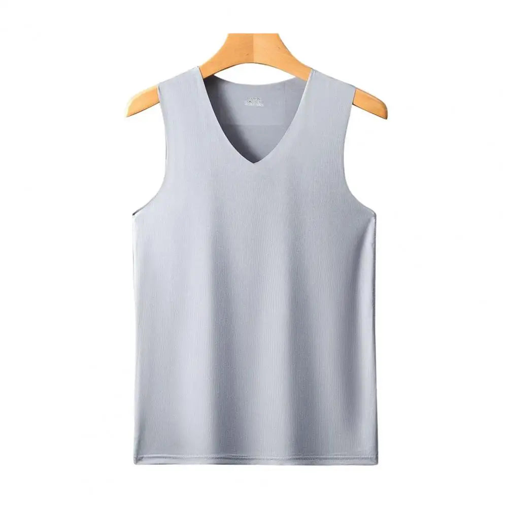 Men Vest V-neck Sleeveless Elastic Ice Silk Moisture Wicking Sports Vest grey