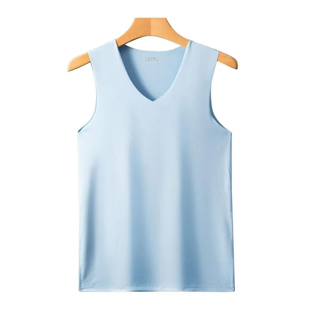 Men Vest V-neck Sleeveless Elastic Ice Silk Moisture Wicking Sports Vest Blue